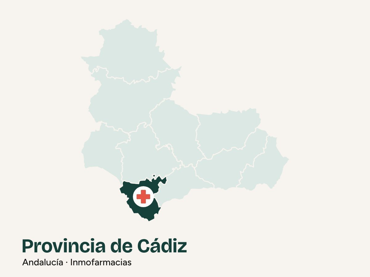 Mapa de Andalucía y Extremadura con la provincia de Cádiz marcada